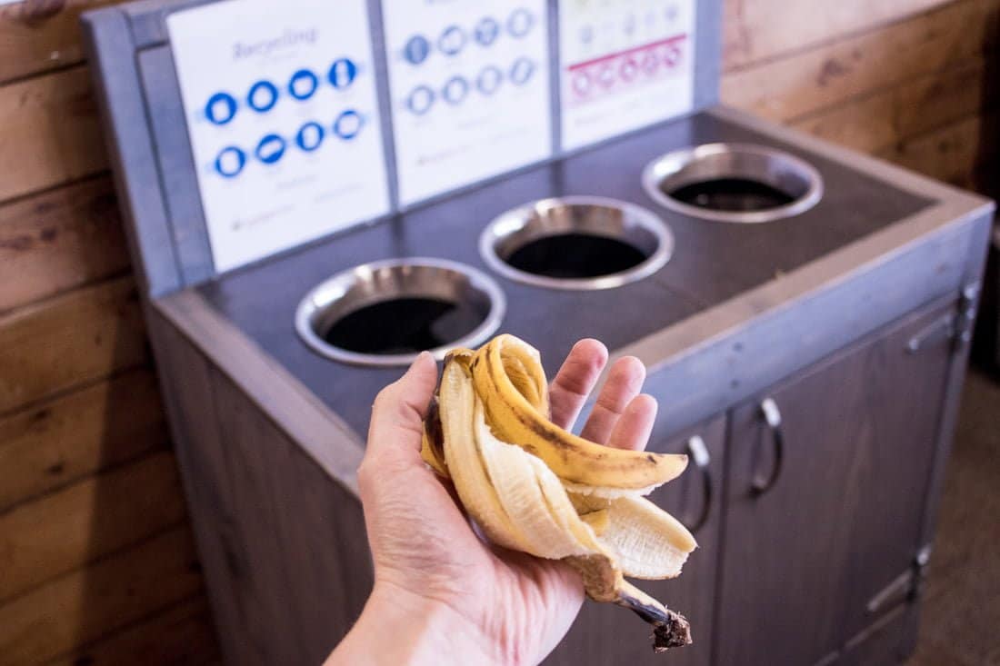 Hand throwing banana peel into waste system