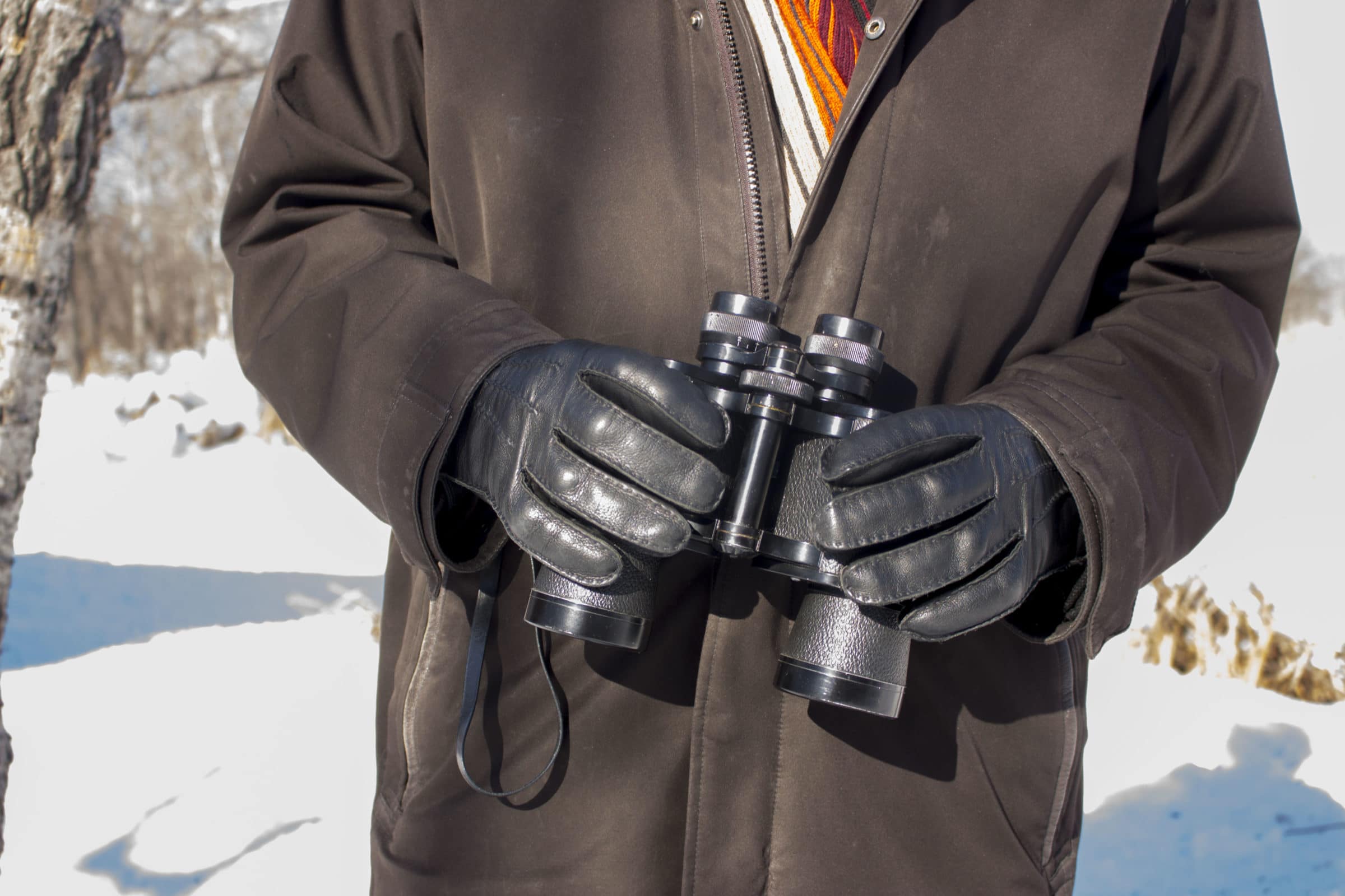 A pair of hands in leather gloves holds black binoculars at chest height.
