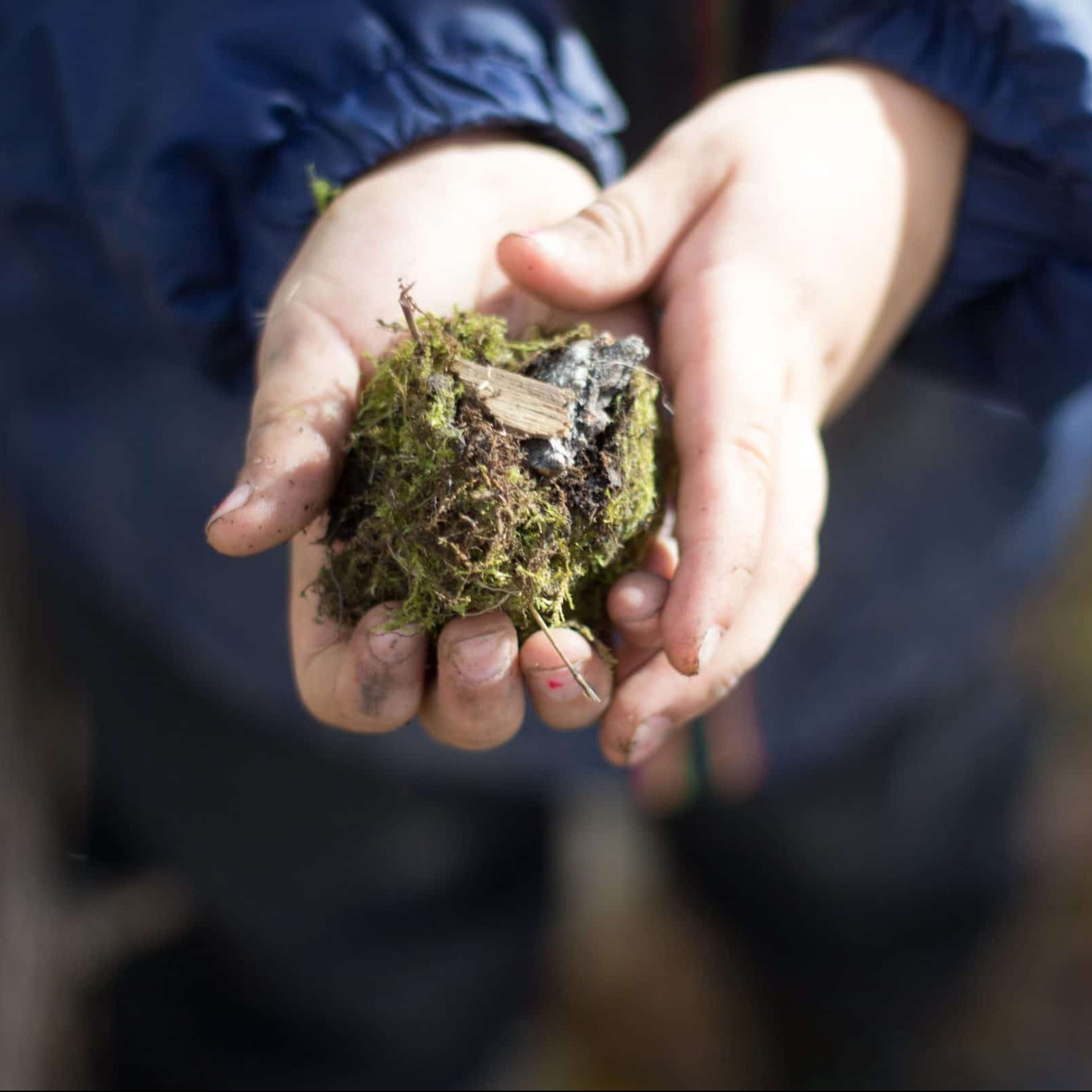 A child holds a handful of earth between their hands.