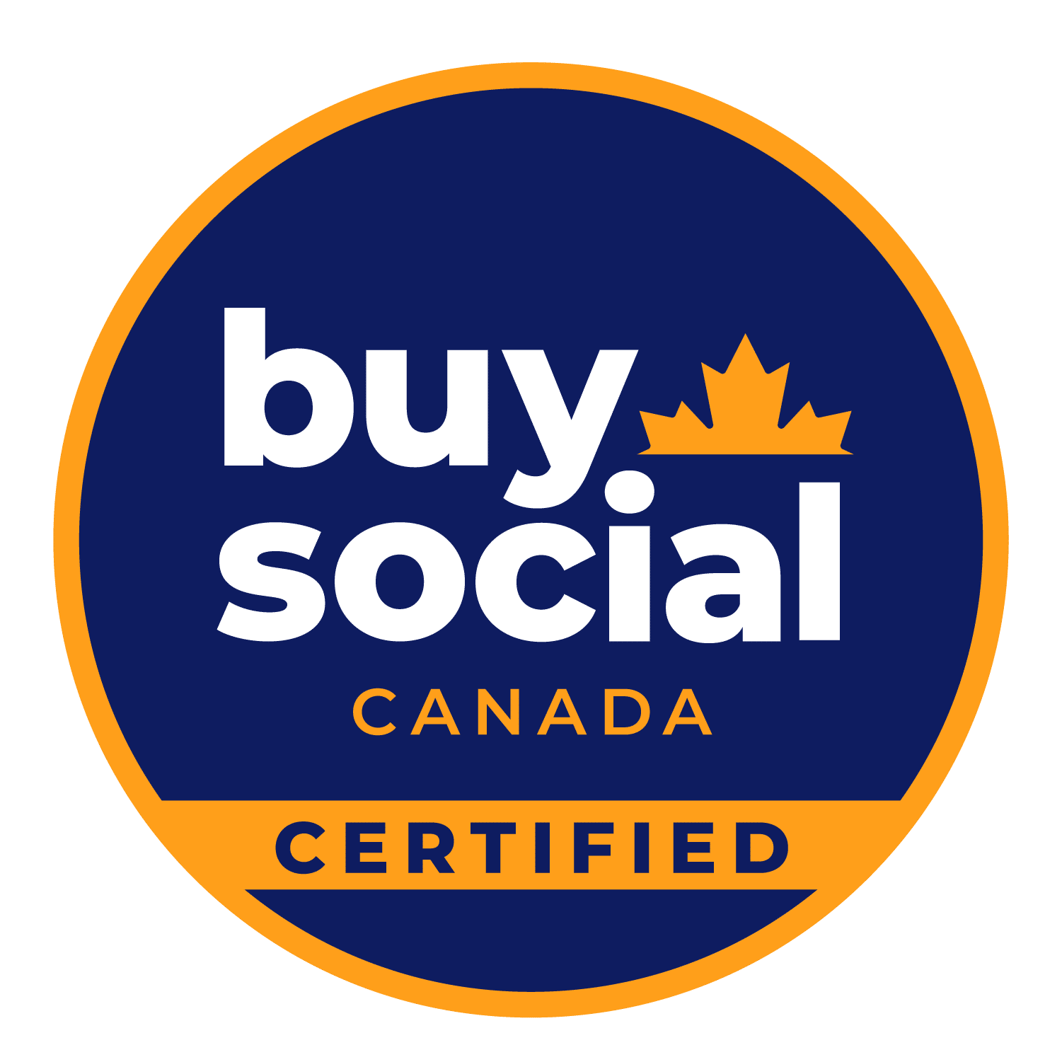 Dark blue circle with text reading "Buy Social Canada Certified"