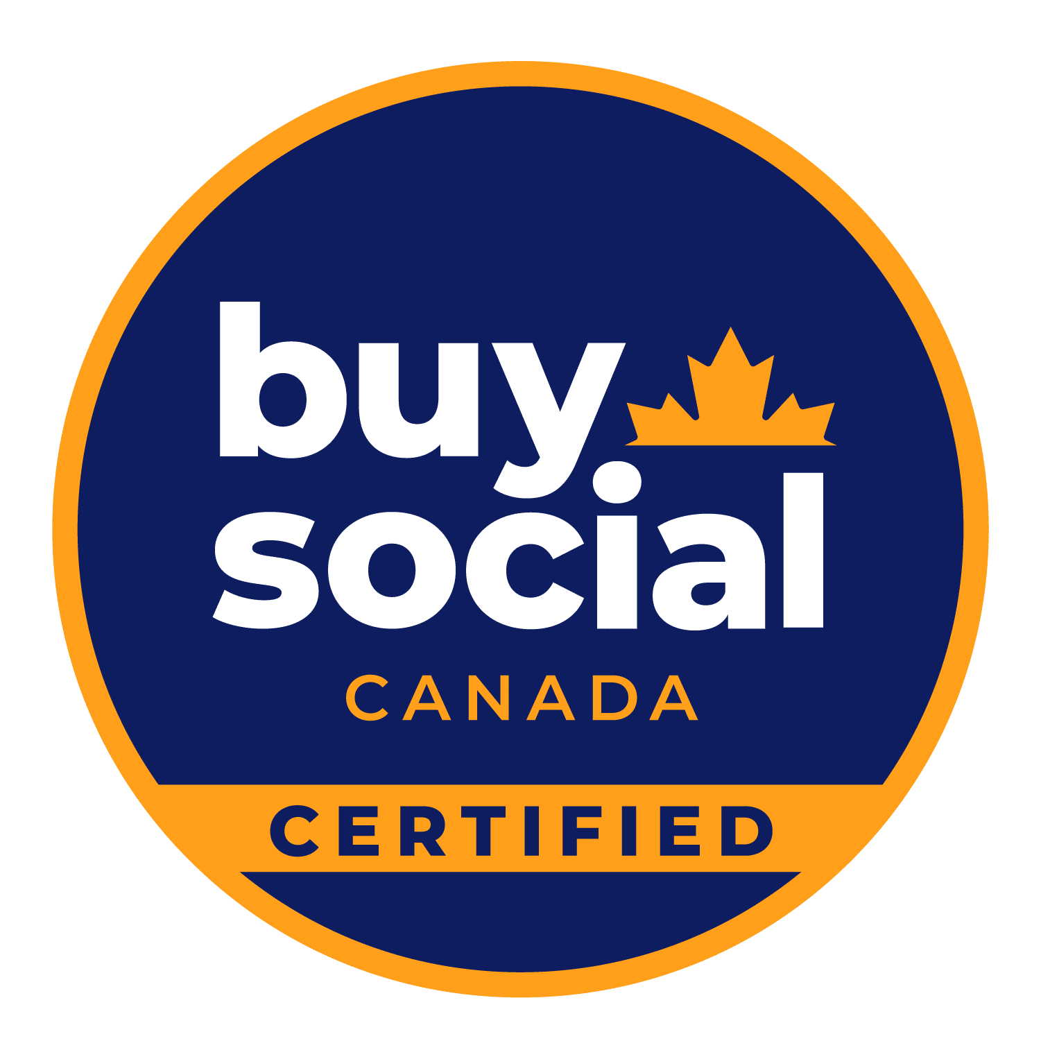 Dark blue circle with text reading "Buy Social Canada Certified"