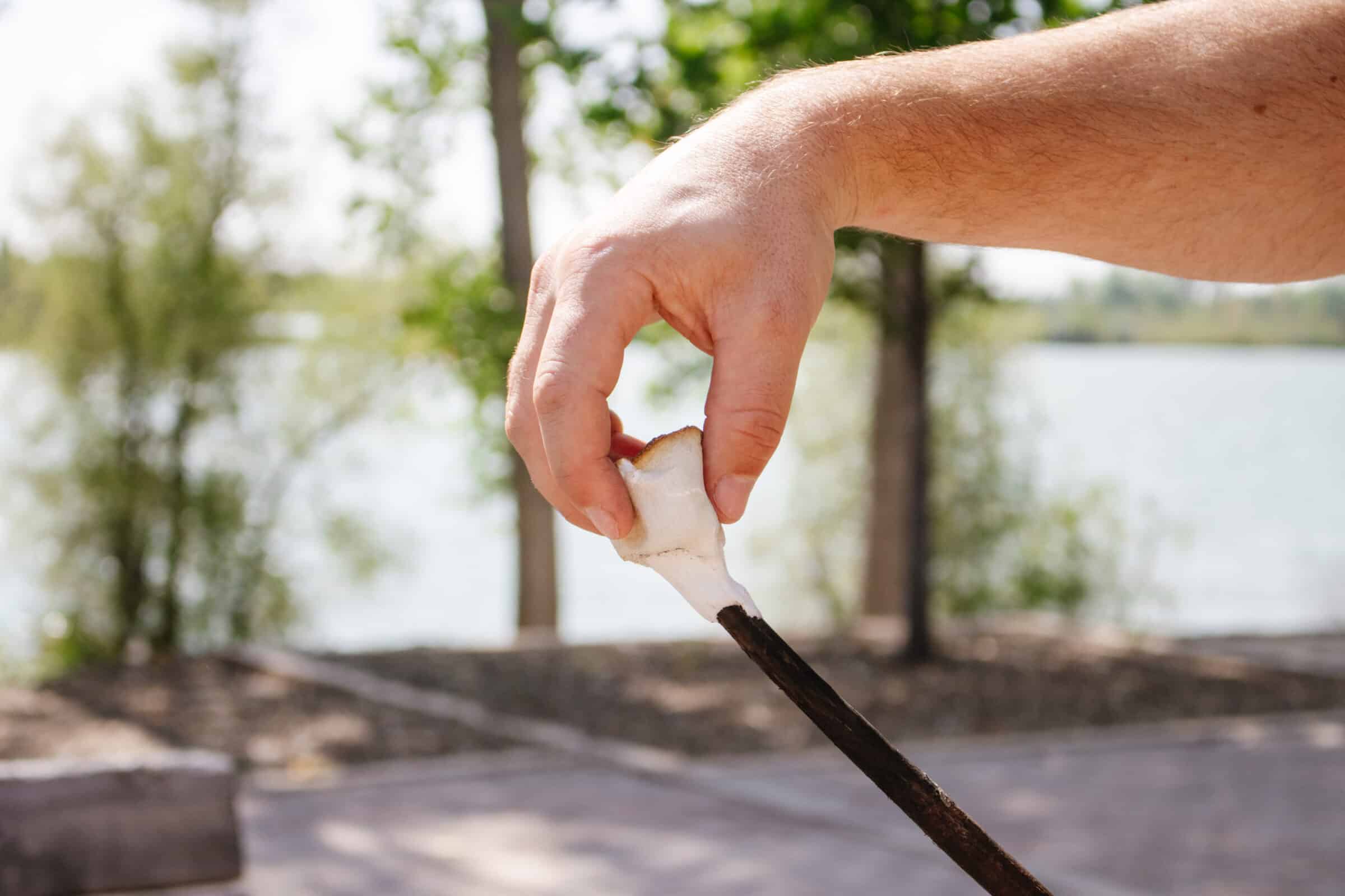 hand pulling toasted marshmallow off of a stick