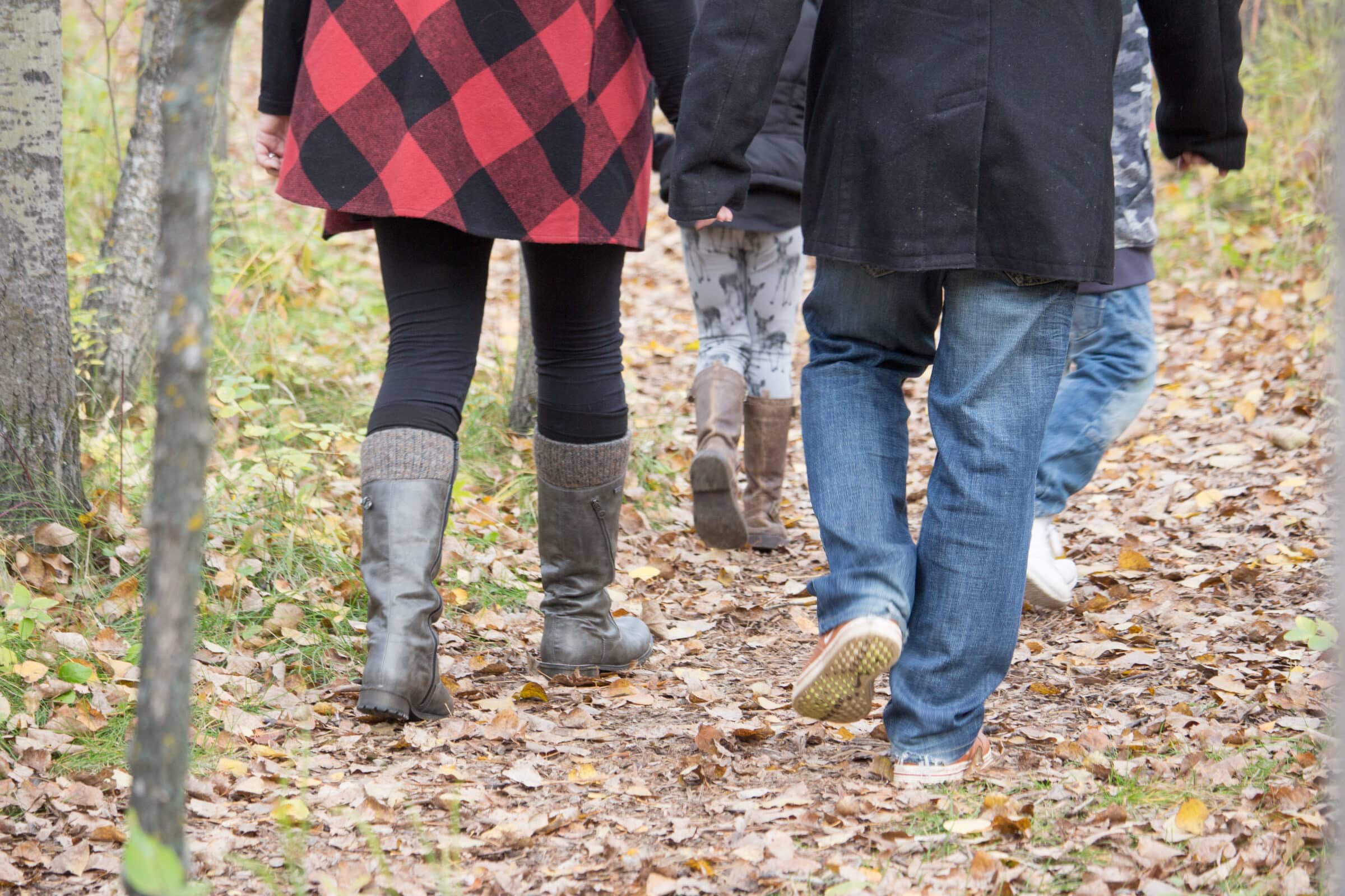 legs of family walking down forest trail