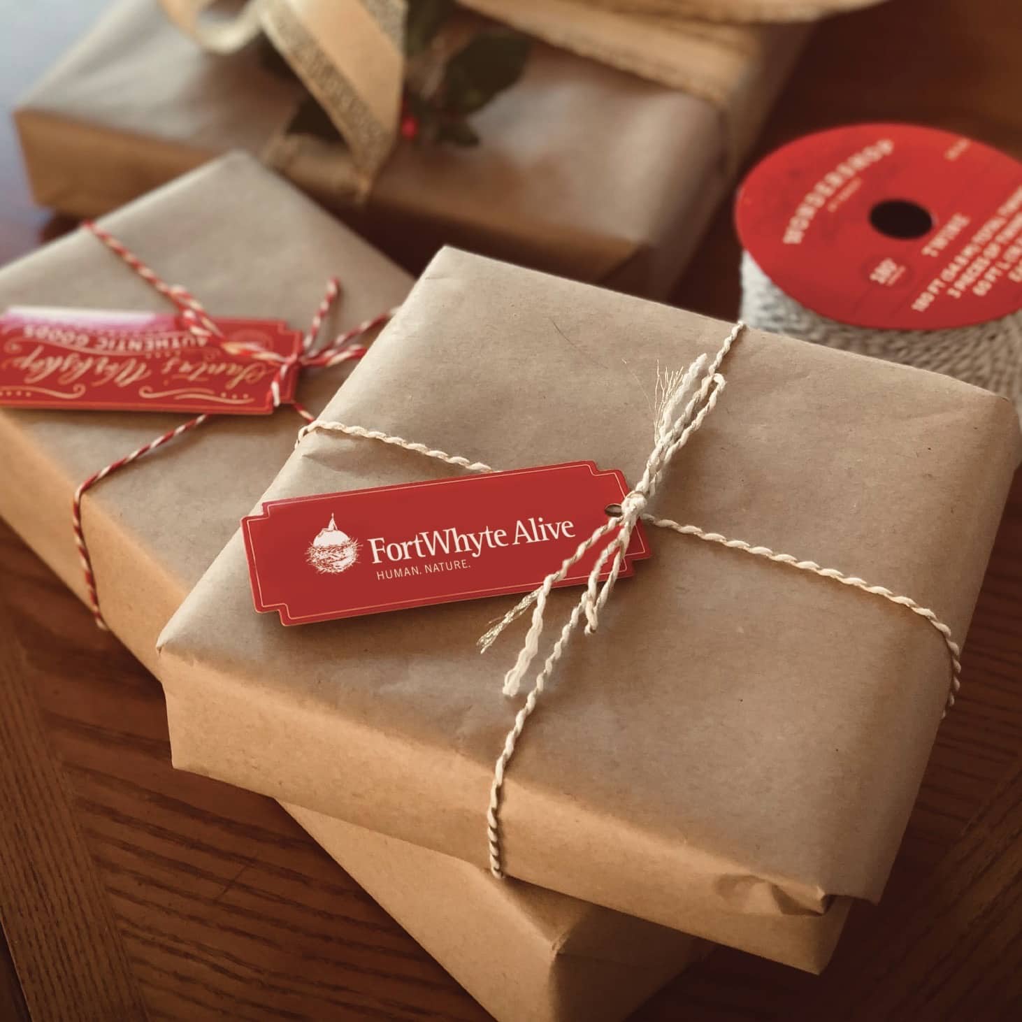 gifts wrapped in brown paper with tag reading "FortWhyte Alive"
